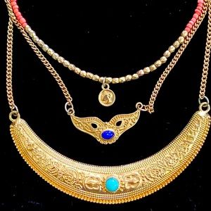 Three golden necklaces Egyptian inspired coral cobalt turquoise accents